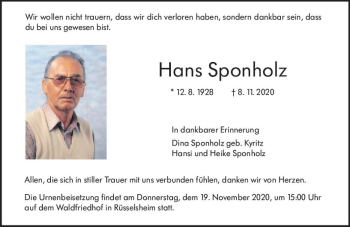Traueranzeige von Hans Sponholz von vrm-trauer