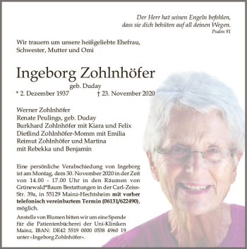 Traueranzeige von Ingeborg Zohlnhöfer von vrm-trauer