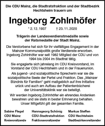 Traueranzeige von Ingeborg Zohlnhöfer von vrm-trauer
