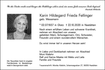 Traueranzeige von Karin Hildegard Frieda Fellinger von vrm-trauer