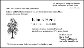 Traueranzeige von Klaus Heck von vrm-trauer