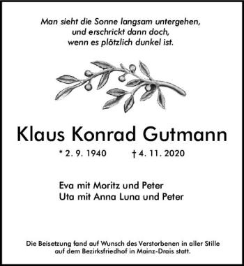 Traueranzeige von Klaus Konrad Gutmann von vrm-trauer
