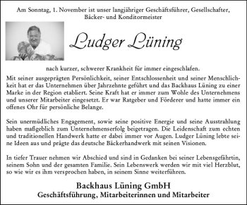 Traueranzeige von Ludger Lüning von vrm-trauer