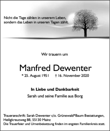 Traueranzeige von Manfred Dewenter von vrm-trauer