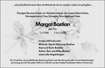 Traueranzeige von Margot Bastian von vrm-trauer
