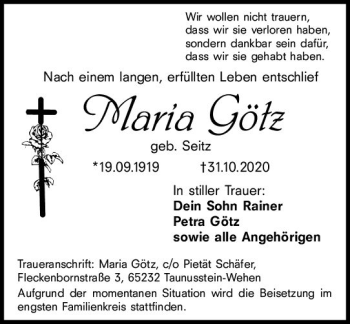 Traueranzeige von Maria Götz von vrm-trauer