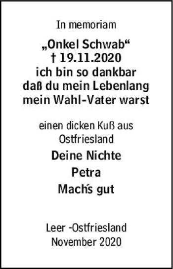 Traueranzeige von Onkel Schwab  von vrm-trauer