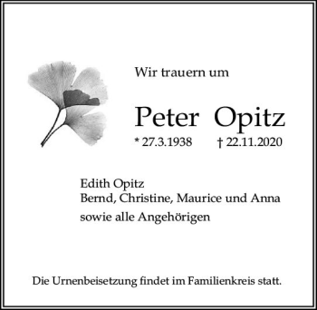 Traueranzeige von Peter Opitz von vrm-trauer