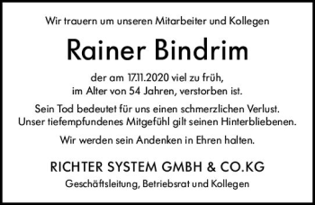 Traueranzeige von Rainer Bindrim von vrm-trauer