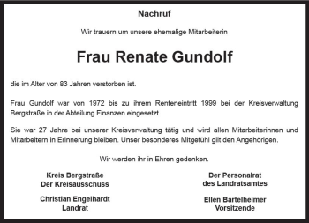 Traueranzeige von Renate Gundolf von vrm-trauer