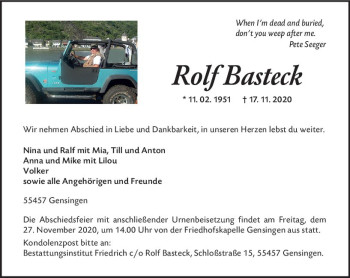 Traueranzeige von Rolf Basteck von vrm-trauer