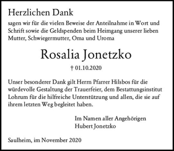 Traueranzeige von Rosalia Jonetzko von vrm-trauer