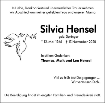 Traueranzeige von Silvia Hensel von vrm-trauer