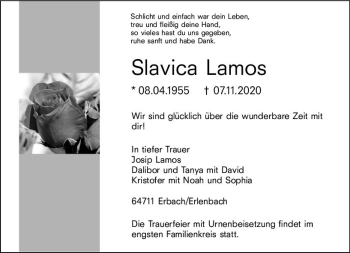 Traueranzeige von Slavica Lamos von vrm-trauer