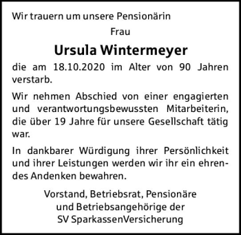 Traueranzeige von Ursula Wintermeyer von vrm-trauer