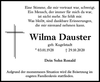 Traueranzeige von Wilma Dauster von vrm-trauer