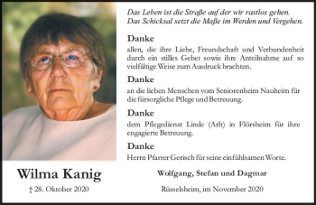 Traueranzeige von Wilma Kanig von vrm-trauer