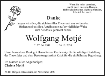 Traueranzeige von Wolfgang Metje von vrm-trauer