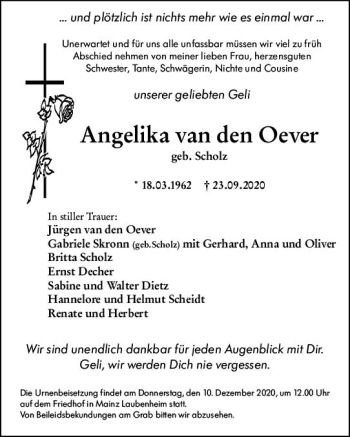 Traueranzeige von Angelika van den Oever von vrm-trauer