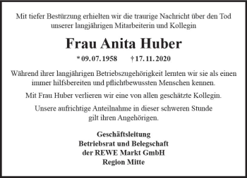 Traueranzeige von Anita Huber von vrm-trauer