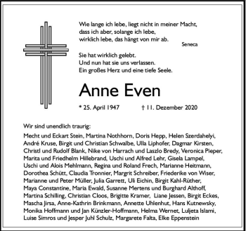 Traueranzeige von Anne Even von vrm-trauer