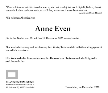 Traueranzeige von Anne Even von vrm-trauer