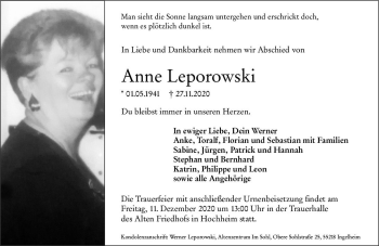 Traueranzeige von Anne Leporowski von vrm-trauer