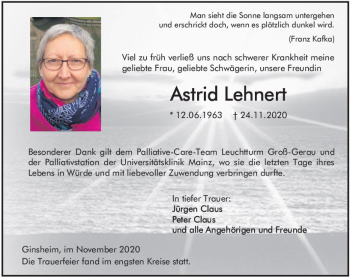 Traueranzeige von Astrid Lehnert von vrm-trauer