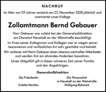 Traueranzeige von Bernd Gebauer von vrm-trauer