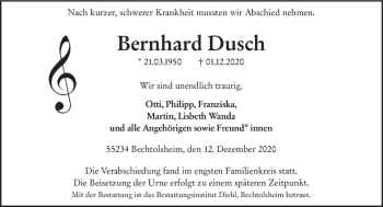 Traueranzeige von Bernhard Dusch von vrm-trauer