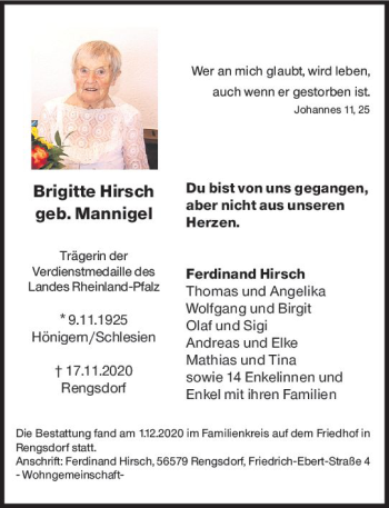 Traueranzeige von Brigitte Hirsch von vrm-trauer