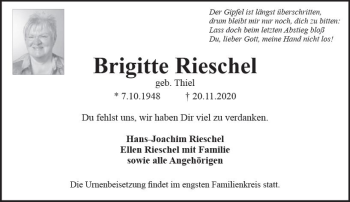 Traueranzeige von Brigitte Rieschel von vrm-trauer