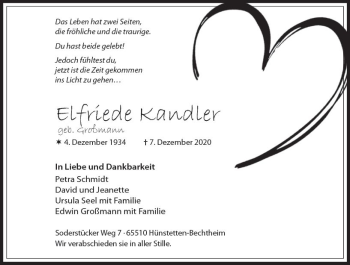 Traueranzeige von Elfriede Kandler von vrm-trauer