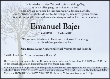 Traueranzeige von Emanuel Bajer von vrm-trauer