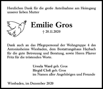 Traueranzeige von Emilie Gros von vrm-trauer