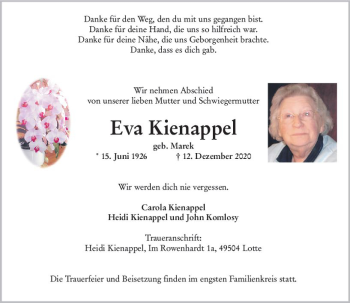 Traueranzeige von Eva Kienappel von vrm-trauer