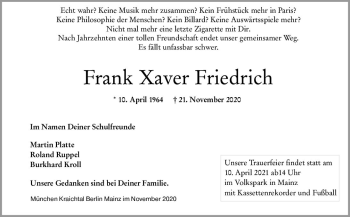 Traueranzeige von Frank Xaver Friedrich von vrm-trauer