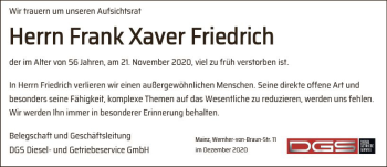 Traueranzeige von Frank Xaver Friedrich von vrm-trauer
