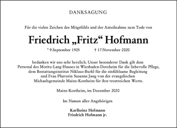 Traueranzeige von Friedrich Hofmann von vrm-trauer