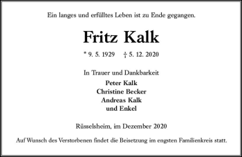 Traueranzeige von Fritz Kalk von vrm-trauer