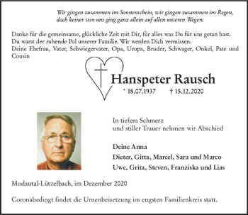 Traueranzeige von Hanspeter Rausch von vrm-trauer