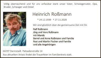 Traueranzeige von Heinrich Roßmann von vrm-trauer