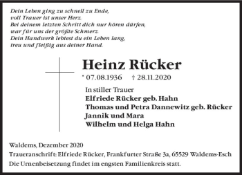 Traueranzeige von Heinz Rücker von vrm-trauer