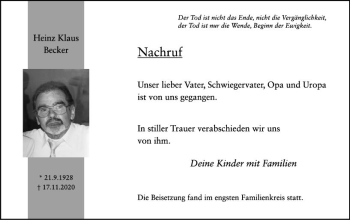 Traueranzeige von Heinz Klaus Becker von vrm-trauer