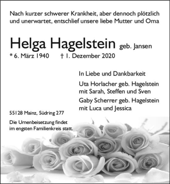 Traueranzeige von Helga Hagelstein von vrm-trauer