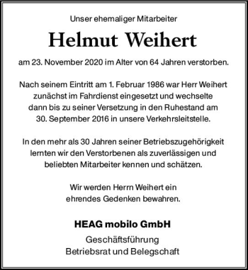Traueranzeige von Helmut Weihert von vrm-trauer
