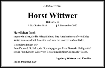 Traueranzeige von Horst Wittwer von vrm-trauer