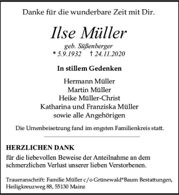 Traueranzeige von Ilse Müller von vrm-trauer