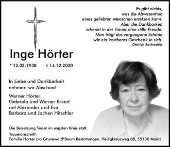Traueranzeige von Inge Hörter von vrm-trauer