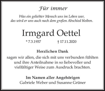 Traueranzeige von Irmgard Oettel von vrm-trauer